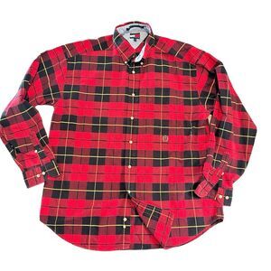Tommy Hilfiger Red Plaid Shirt‎ Men L Lumberjack Embroidered Crest Logo Preppy